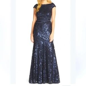 Tadashi Shoji Sequin Navy Blue Sequin Mesh Evening Gown Maxi Dress Size 2